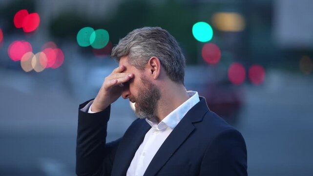 Business man in suit with headache. Sad man got migraine touches her head because of pain. Tired businessman has stress. Tired businessman is working overtime and has headache - Powered by Adobe