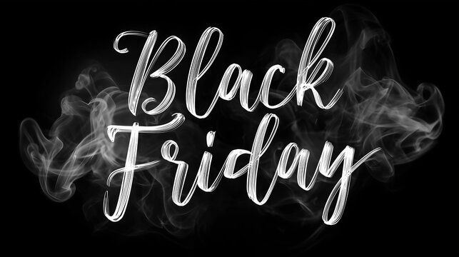 Texte en anglais "Black Friday" en lettres manuscrites blanches avec effets de fumée blanche sur fond noir pour visuel commercial élégant et minimaliste lié aux soldes de fin novembre - Powered by Adobe