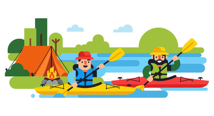 Fototapeta premium Kayak Adventure Near Campsite Featuring Two Happy Adventurers During Daylight Hours
