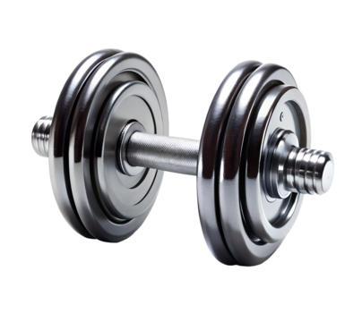 A single chrome dumbbell with textured weight plates isolated on transparent background