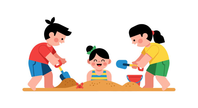 Kids Playing On Beach And Having Fun With Beach Toys In A Summertime Scene
