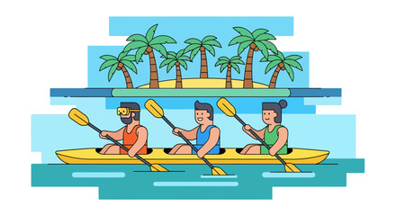 Fototapeta premium Kayak Adventure: Tropical Exploration With Palm Trees And Water Sports Enthusiasts