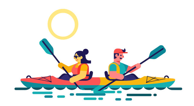 Kayak Adventure Under The Sun: Illustrative Scene Of Couple Kayaking On Water Together