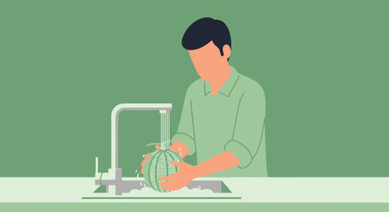 Man Carefully Washing A Fresh Cantaloupe Under Running Water In A Kitchen Environment