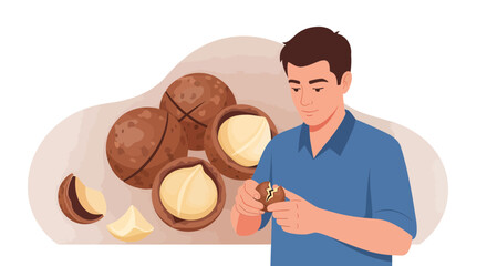 Man Cracking Macadamia Nuts Freshly Harvested in Beautiful Artistic Illustration Display