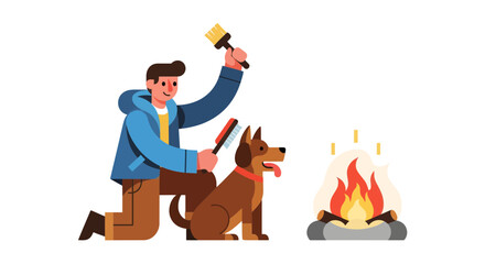 Man Brushing Dog Beside Campfire Illustration Depicting Concepts of Comfort And Companionship