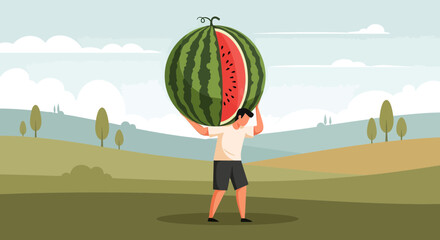 Man Carrying Sliced Watermelon Over His Head in a Scenic Rural Landscape