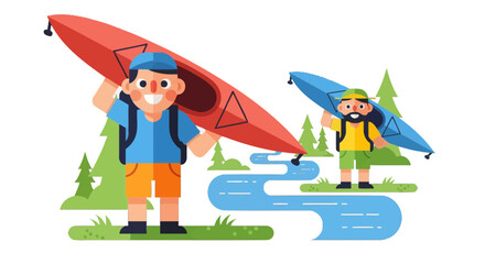 Kayak Adventures: Cartoon Illustrations Depicting Paddling and Outdoor Recreation