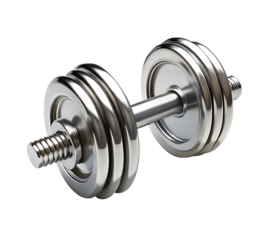 Shiny chrome adjustable dumbbell with threaded bar and weight plates isolated on transparent background