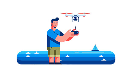 Man Enjoying Drone Navigation Over Water With A Small Sailing Boat In The Distance