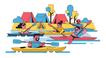 Kayak Adventures: Group Paddling, Camping Trip Illustration, Outdoor Fun and Adventure