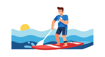 Man Enjoying Stand Up Paddleboarding Recreation Near the Sunset in the Summer Sky