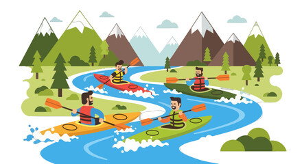 Kayak Adventures: River Journey Through Mountains Depicting Recreational Outdoor Activities