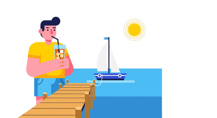 Man Enjoying Iced Drink Observing a Sailboat at the Summer Seaside Sunset Glow