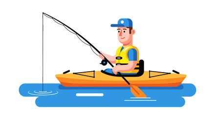 Kayak Angler: Coastal Recreation and Fishing Illustration on Blue Water with Angling Gear