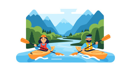 Kayak Adventures: Couple Rowing Through Scenic River and Mountainous Landscape Illustration