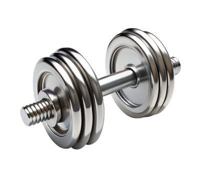 Shiny chrome adjustable dumbbell with threaded bar and weight plates isolated on transparent background