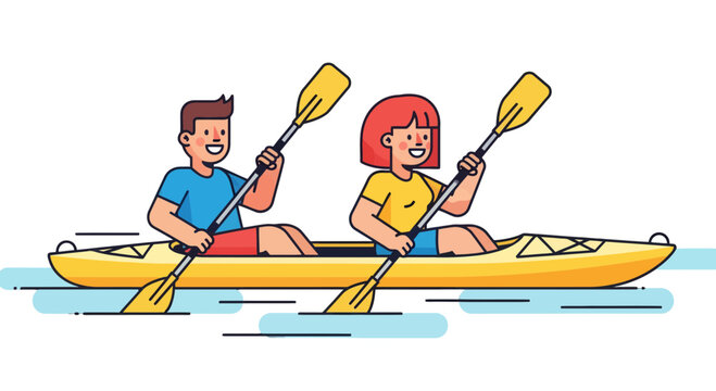 Kayak Duo Enjoying Recreational Water Sports with Paddles on Black Background Illustration
