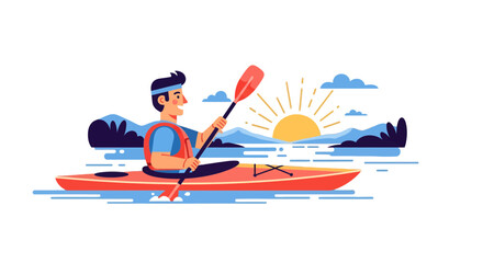 Kayaker Paddling on a Tranquil Lake at Sunrise Illustration with Flat Design Elements