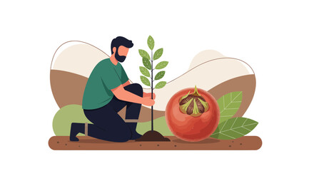 Man Planting a Seedling with a Ripe Fruit Depicting Environmental Conservation Effort
