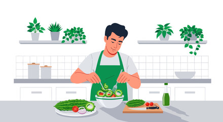 Man Preparing a Fresh Salad in a Bright Kitchen Surrounded by Potted Greenery Setting
