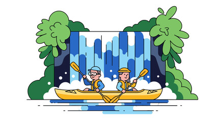 Kayakers Adventuring Through a Waterfall Illustrated in Fun and Colorful Style