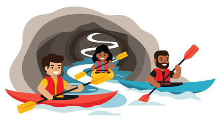 Kayakers Adventuring Through River Cave, Colorful Illustration Of Outdoor Recreation