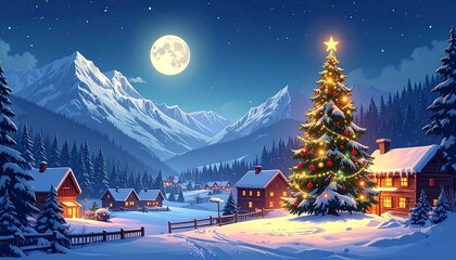 Snowy village scene with bright moonlight, Christmas tree and cozy lit cabins in winter with snow-capped mountain backdrop