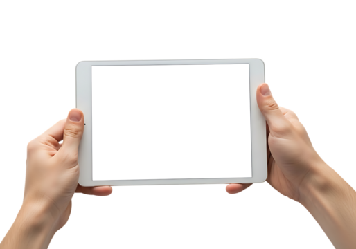 Hands holding white tablet isolated on transparent background