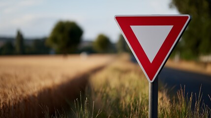 Yield sign on rural roadside by wheat field, summer evening light, road safety concept
