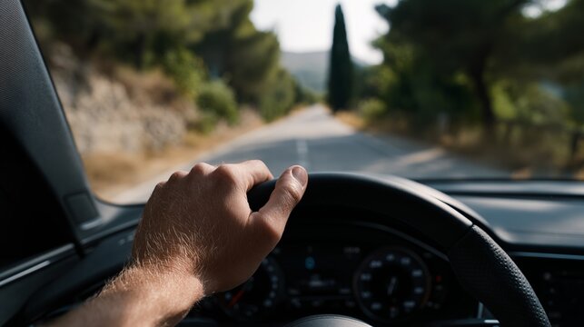 POV driving on rural road, hand on steering wheel, sunny summer day, motion blur, road trip concept