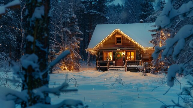 Cozy winter cabin adorned with festive lights in a snowy forest at dusk