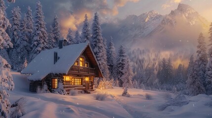 Cozy cabin surrounded by snow-covered trees and majestic mountains during a serene winter sunset