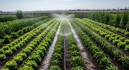 Vast agricultural field with rows of green plants being watered by sprinklers.