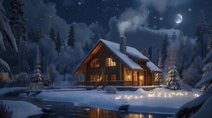 Cozy log cabin surrounded by snow-covered trees and a serene river under a starry night sky with a bright moon