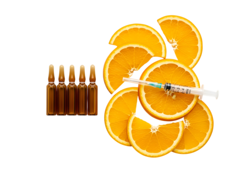 Orange slices with a syringe and ampoules isolated on transparent background