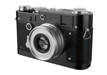 Vintage black rangefinder camera isolated on transparent background