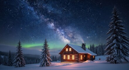 Cozy log cabin glows under the Milky Way a winter wonderland scene with snow-covered landscape and starry night sky perfect for holiday and travel themes