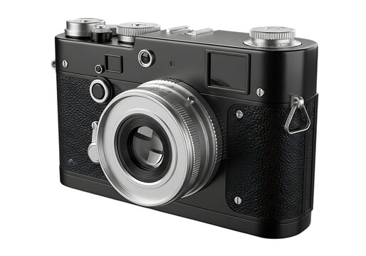 Vintage black rangefinder camera isolated on transparent background