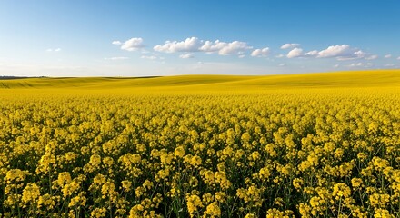 Vast Field of Yellow Flowers Under a Blue Sky with Clouds.
