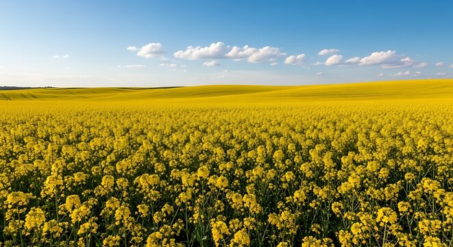 Vast Field of Yellow Flowers Under a Blue Sky with Clouds. - Powered by Adobe