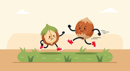 Fototapeta premium Joyful Running Hazelnuts: An Energetic And Delightful Cartoon Illustration