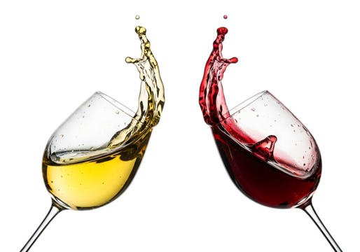 Two wine glasses splashing white and red wine isolated on transparent background