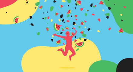 Naklejka premium Joyful Silhouette Celebrates Summer Fun Under a Shower of Watermelon Slices