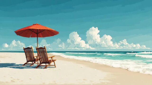 Relaxing beach scene with two chairs under a red umbrella on a sunny day by the sea