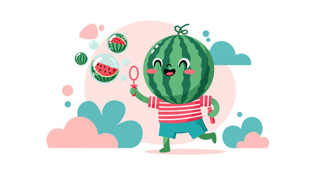 Fototapeta premium Joyful Watermelon Character Playing With Bubbles Against a Pastel-Colored Backdrop Illustration