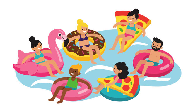 Joyful Summer Pool Party With Friends Surrounded by Unique Floats and Refreshments Illustration - Powered by Adobe