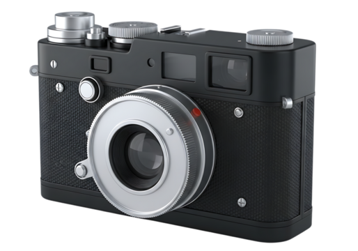 Classic black rangefinder camera isolated on transparent background