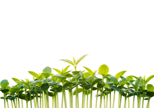 Row of young green seedlings growing isolated on transparent background