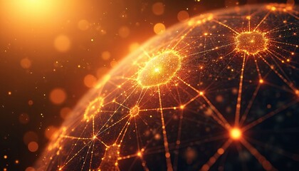 Digital network globe with glowing connections and data points. Abstract concept of global connectivity, information flow, and modern technology infrastructure. Futuristic cyberspace illustration.